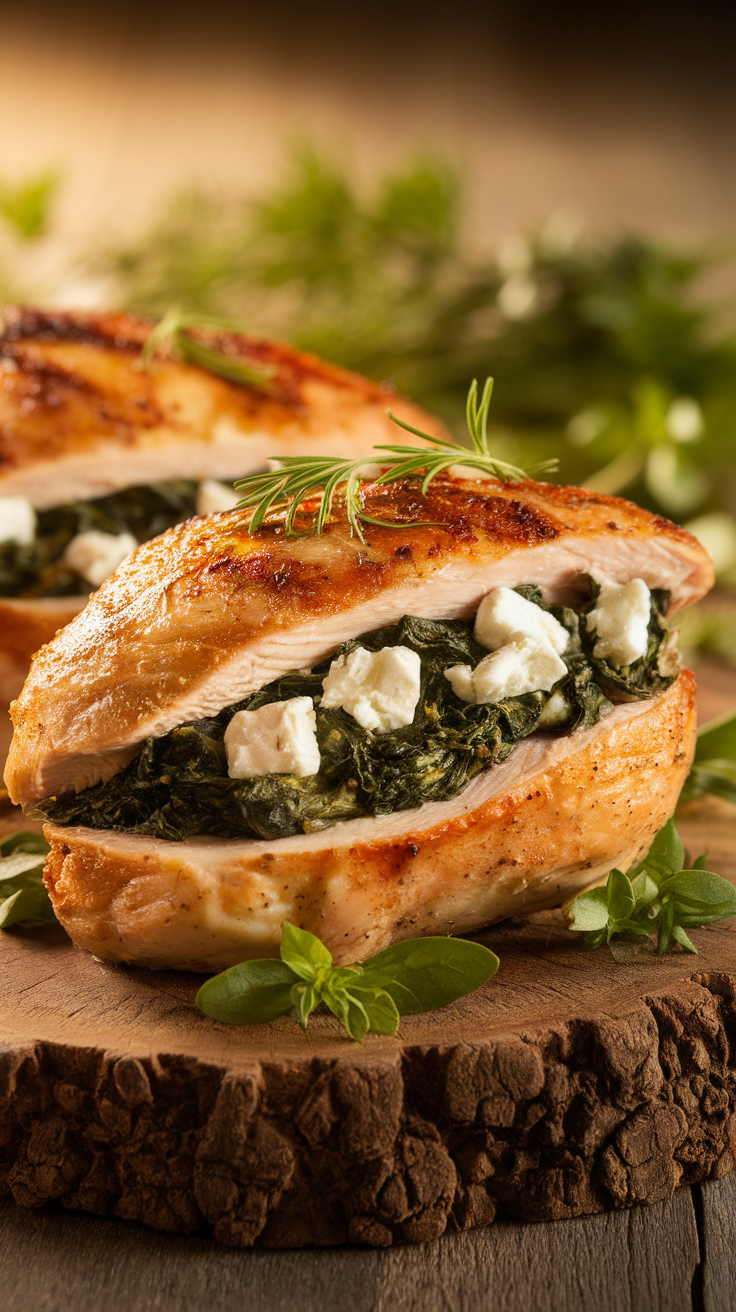 Stuffed chicken breast with spinach and feta on a wooden platter