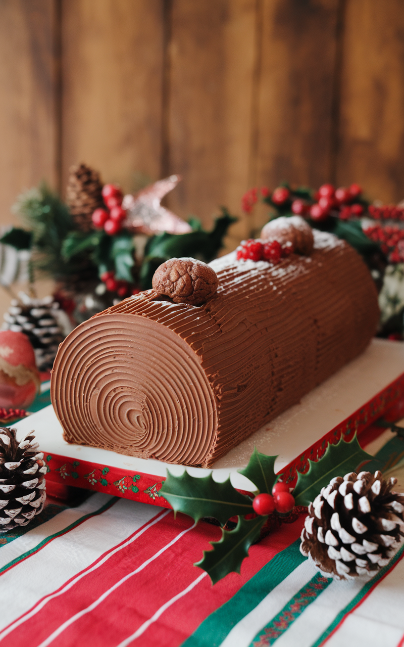 A beautifully decorated vegan chocolate yule log cake surrounded by festive decorations.