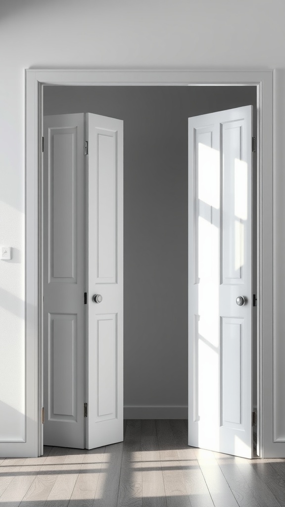 A pair of white accordion doors partially open in a modern interior setting, showcasing a bright and airy space.
