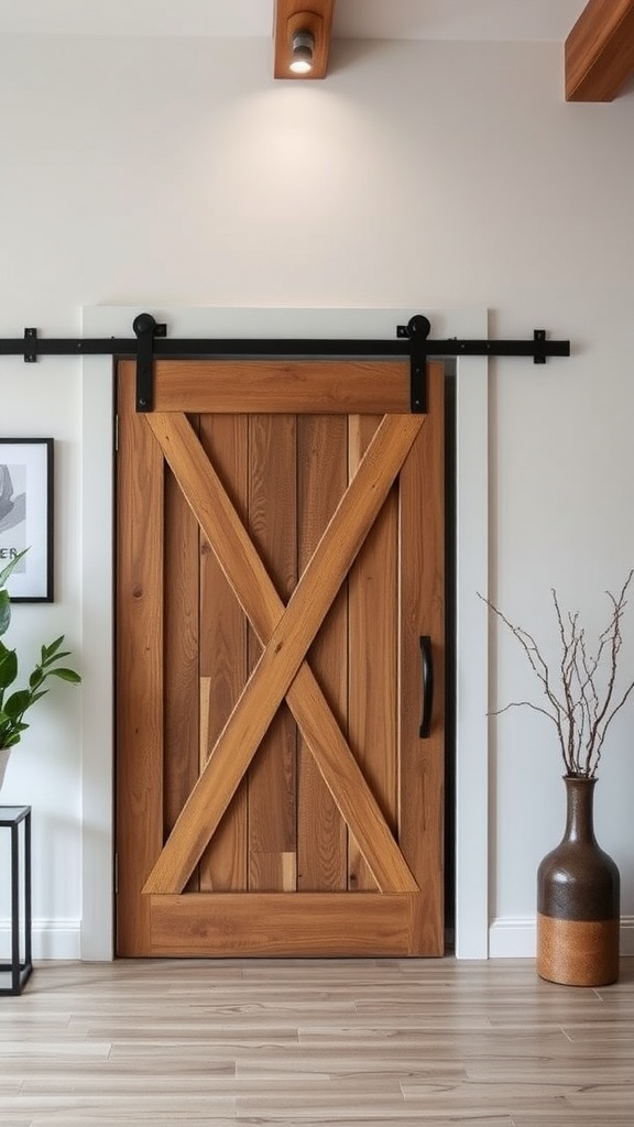 A rustic wooden barn door with a metal track, featuring an X design, set against a modern interior.