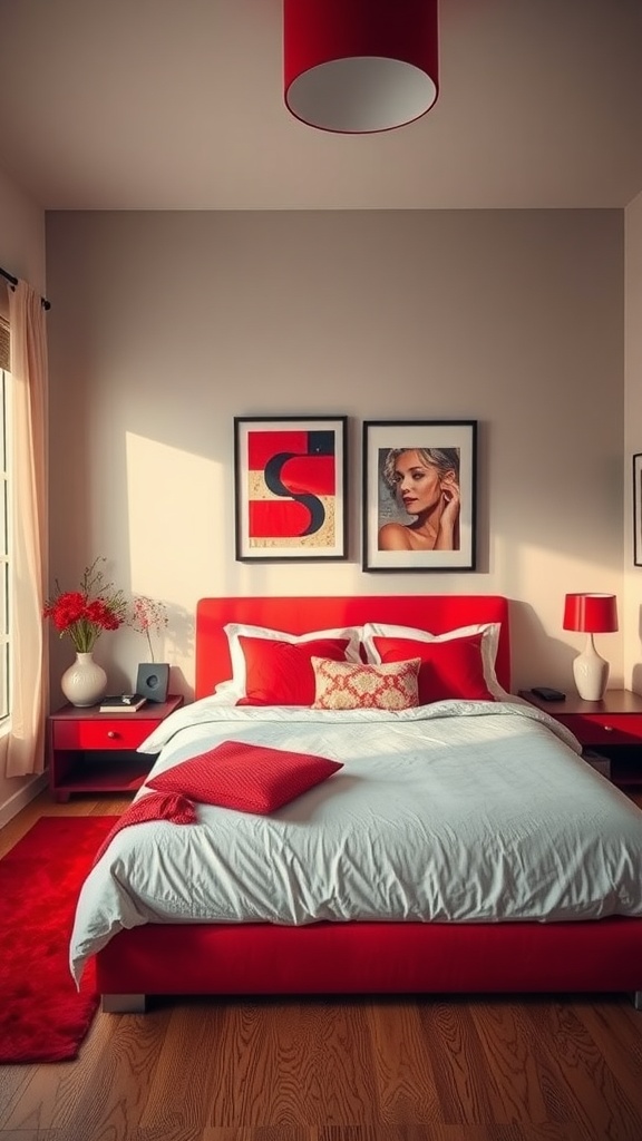 A cozy bedroom featuring bold red accents with a red bed frame, cushions, and lamps, complemented by white linens and wooden flooring.