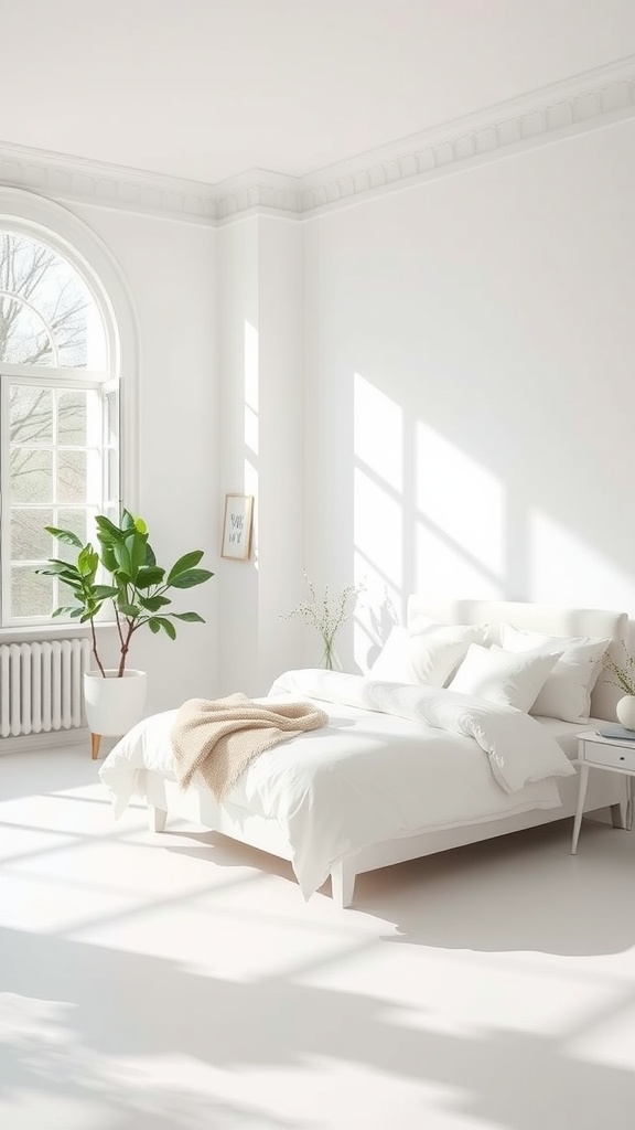 A bright, white bedroom with large windows, a simple bed, and a green plant.
