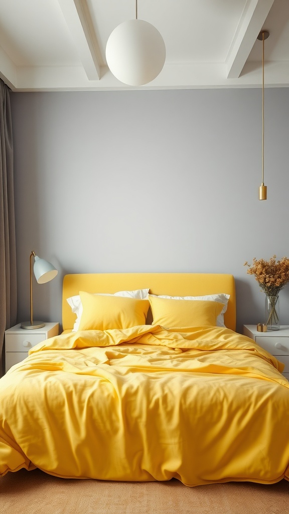 A cozy bedroom featuring bright yellow bedding and a gray wall, with modern decor.