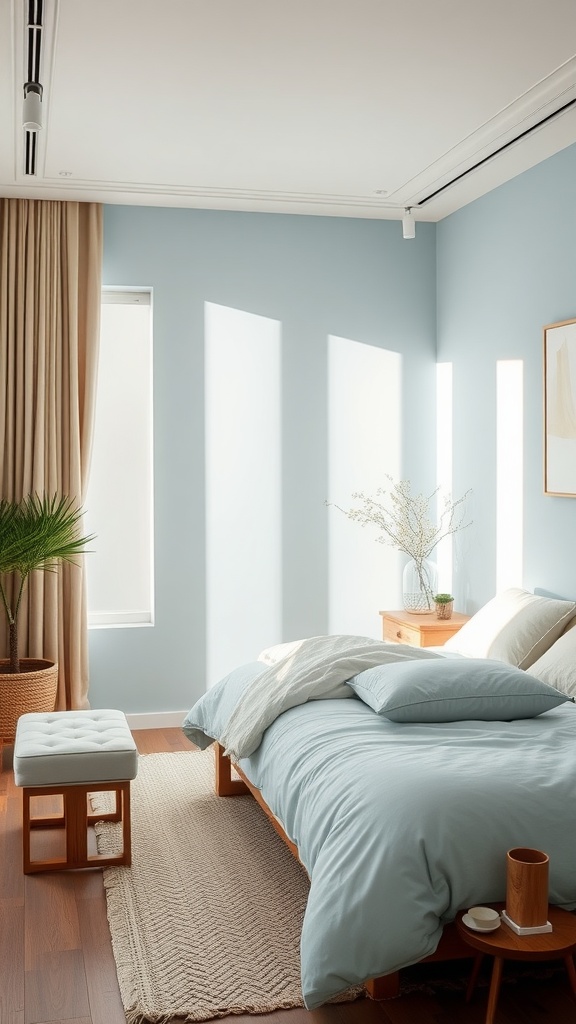 A calming bedroom with aqua walls and soft beige decor.