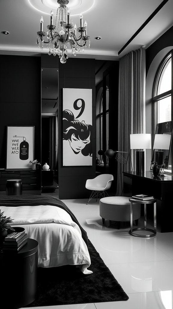 A chic black and white bedroom featuring elegant decor, minimalist furniture, and a stylish chandelier.