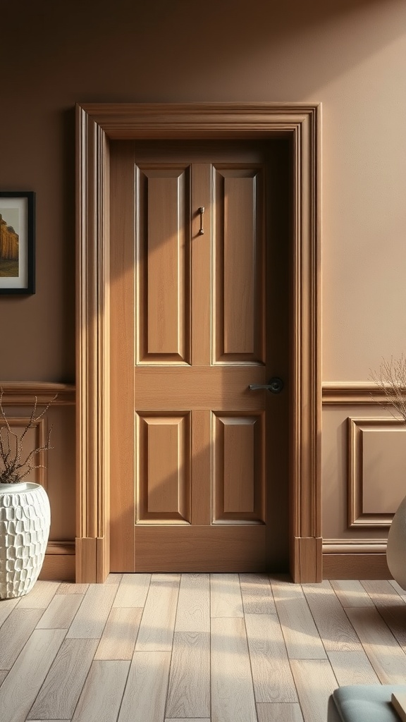 A classic panel door framed in wood, set against a warm-toned wall with soft lighting.