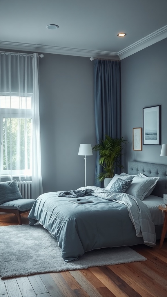 A tranquil bedroom featuring cool gray walls and blue bedding, with natural light streaming through curtains.