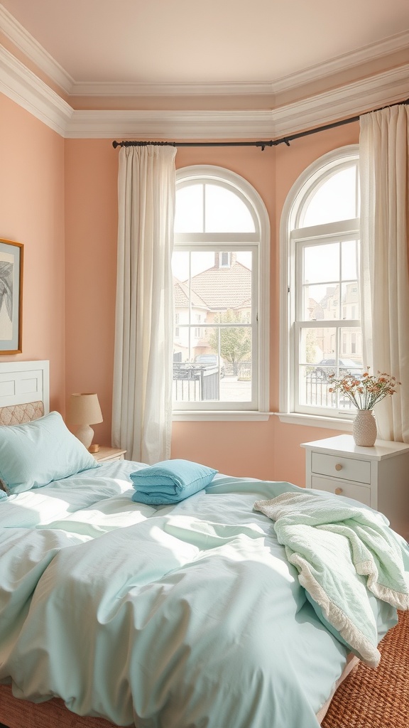 A cozy bedroom with cool mint bedding and soft peach walls, featuring large windows and minimal decor.