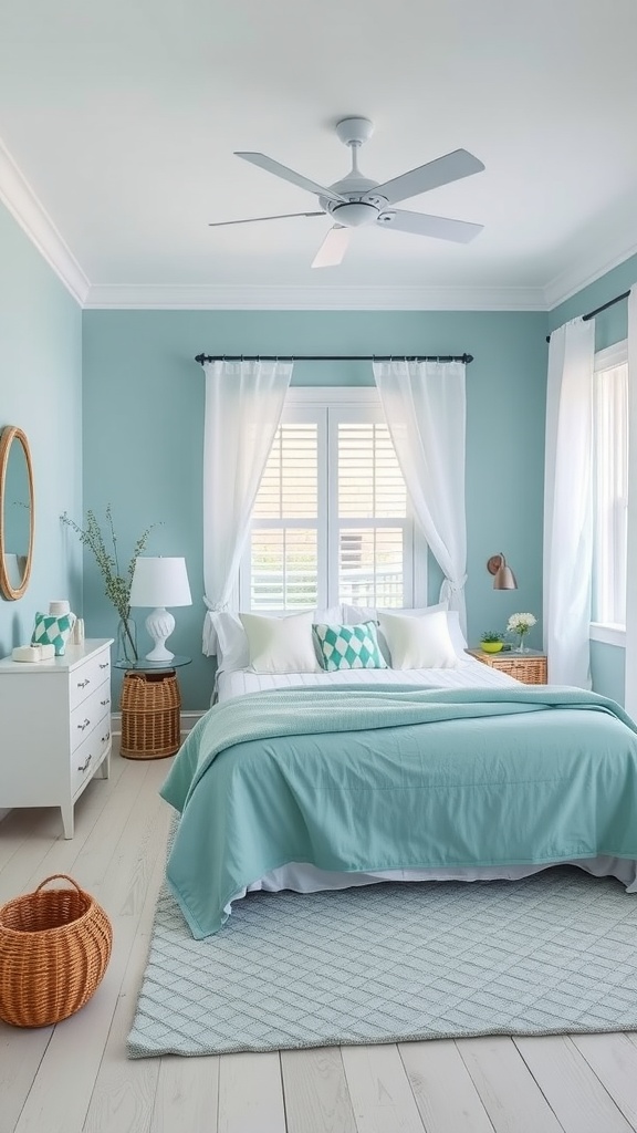 A serene bedroom with cool teal walls and white accents, featuring a cozy bed, light curtains, and a touch of greenery.