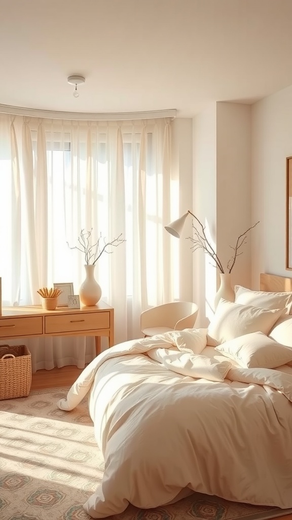 A cozy bedroom featuring creamy whites and soft browns, with sunlight streaming in through sheer curtains.