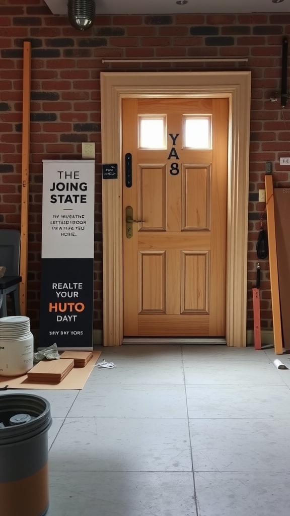 A wooden door with windows and a sign about door customization.