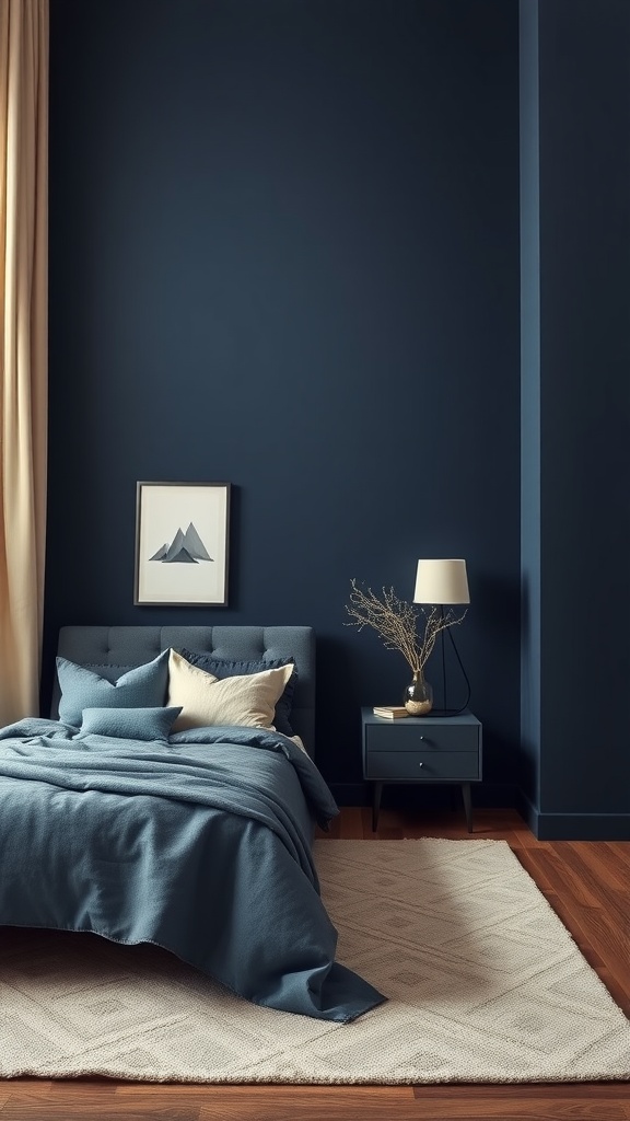 Bedroom with deep blue walls and cream accents, featuring a cozy bed and warm wooden flooring.