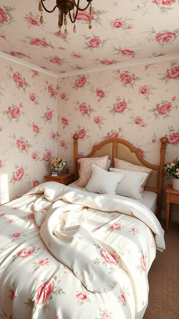 A cozy bedroom with delicate floral wallpaper and bedding in muted shades of pink and white.
