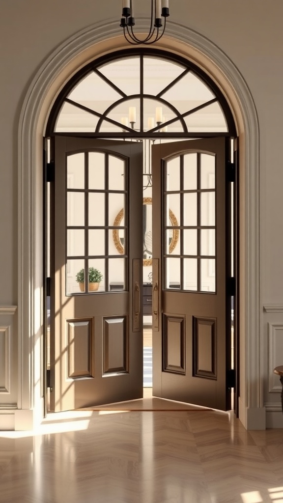 A pair of elegant double doors with glass panels, set in a well-lit entryway with a chandelier above.