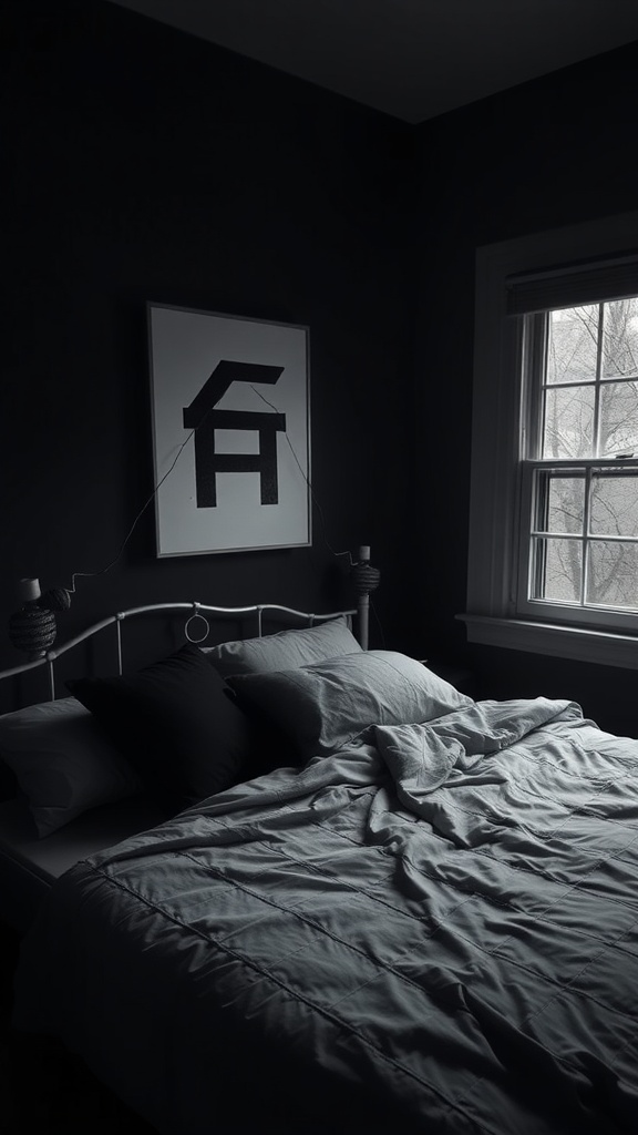 A cozy bedroom featuring dark walls and soft bedding, creating an intimate atmosphere.