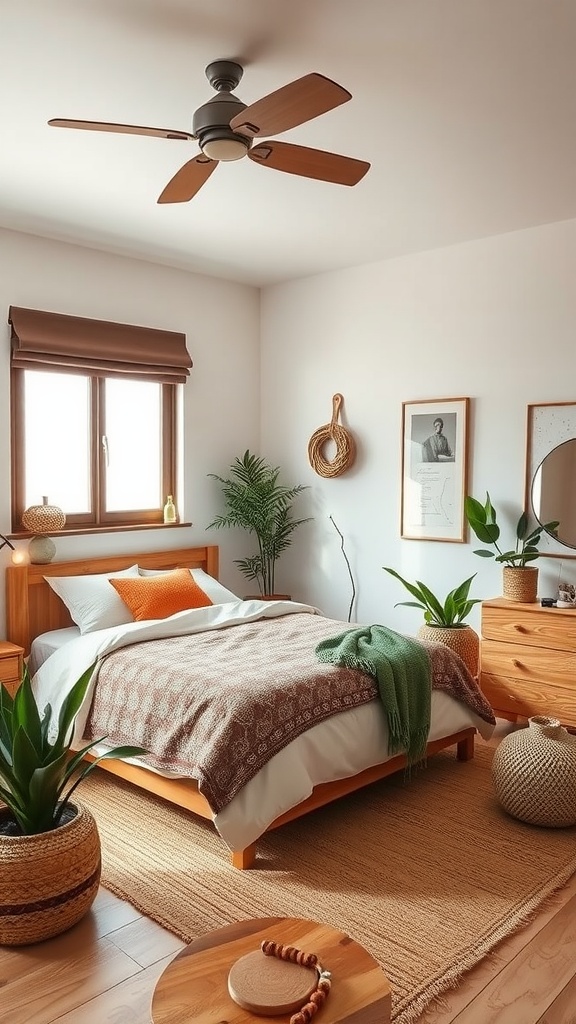 A cozy bedroom decorated with earthy tones, featuring wooden furniture, plants, and warm textiles.
