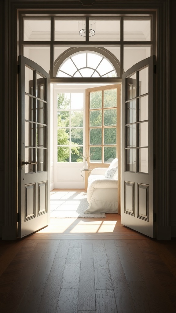 Open French doors leading to a bright and inviting room with natural light