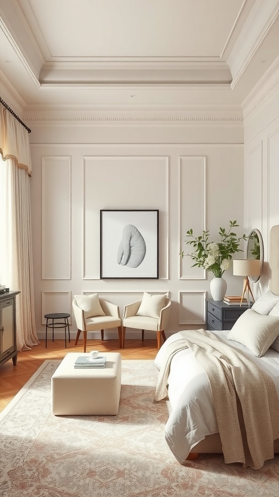 A serene bedroom featuring gentle neutral colors with elegant decor.