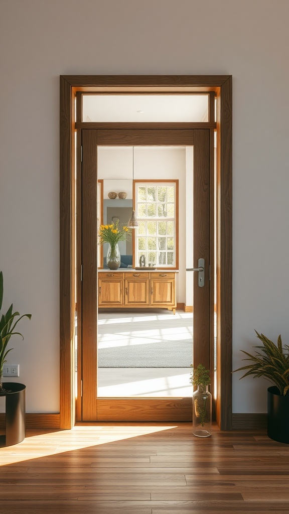 A stylish glass panel door framed in wood, leading to a well-lit room with plants and wooden furniture.