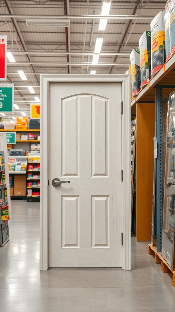 A hollow core interior door on display in a hardware store aisle.