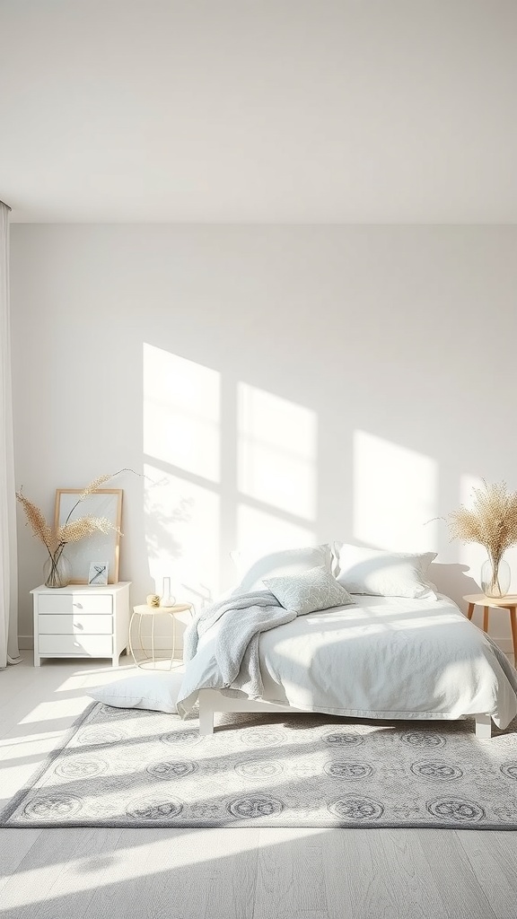 A serene bedroom featuring light blue bedding and white walls, filled with natural light.