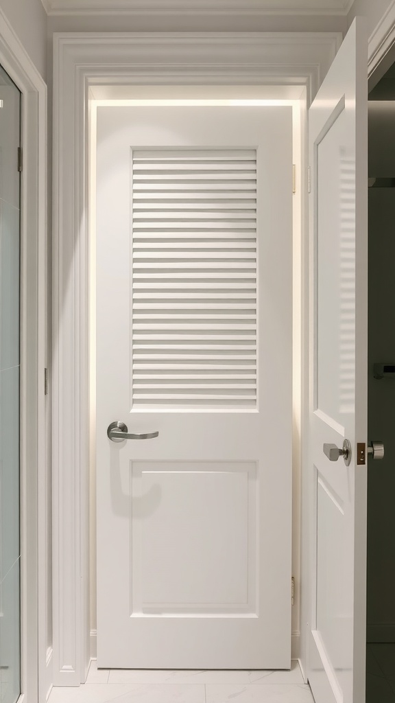 A modern louvered door with horizontal slats, showcasing a clean white finish.