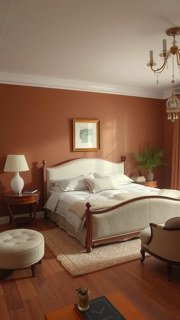 A cozy bedroom featuring mellow brown walls and ivory bedding, with elegant wooden furniture and a potted plant.