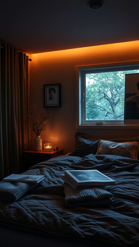 Cozy bedroom with moody colors and soft lighting, featuring a bed with layered blankets, books, and a candle on a nightstand.