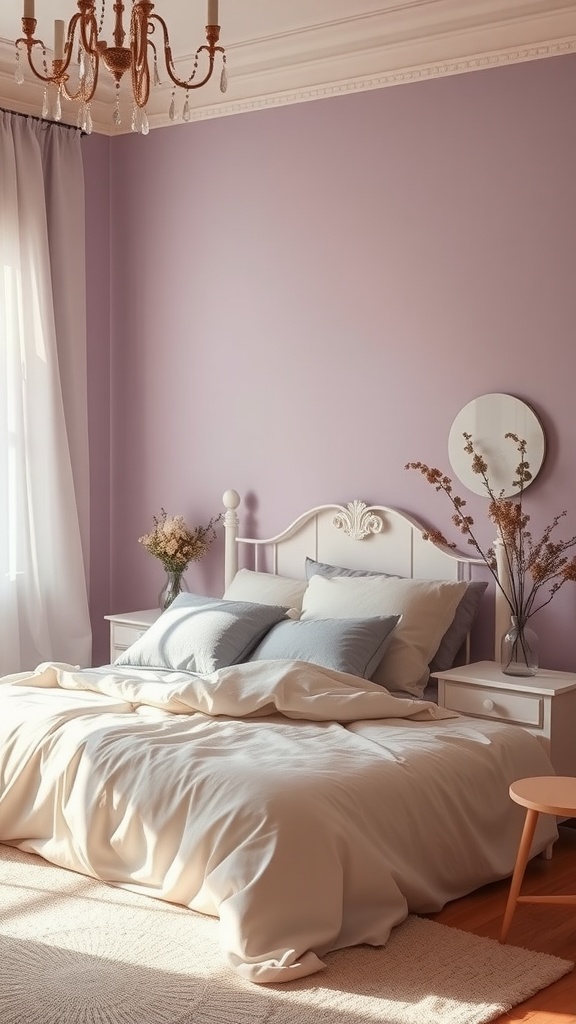 A cozy bedroom featuring muted lavender walls and soft cream bedding, with a chandelier and light wooden furniture.