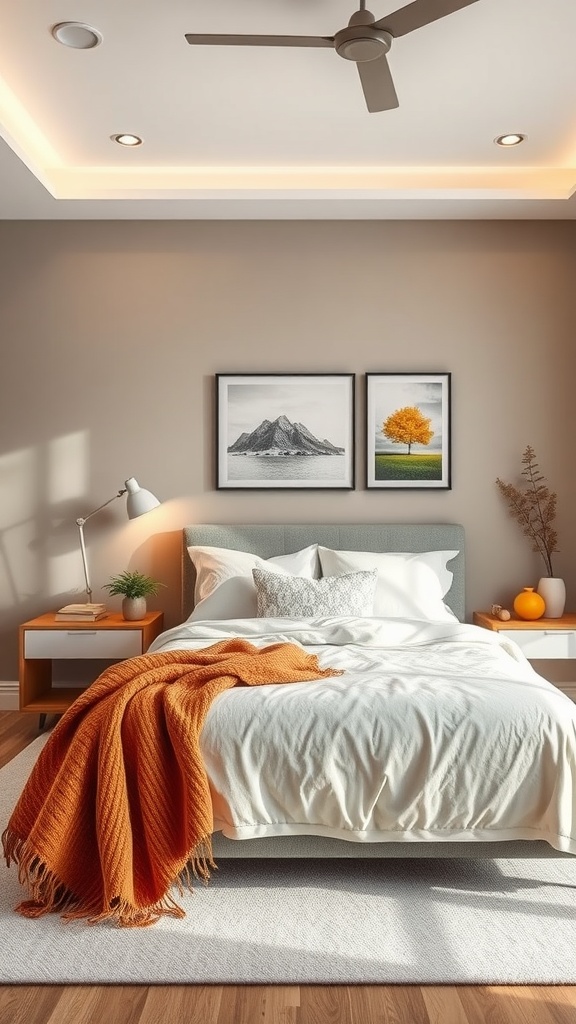 A cozy bedroom featuring neutral taupe walls, vibrant orange throw blanket, white bedding, and nature-themed artwork.