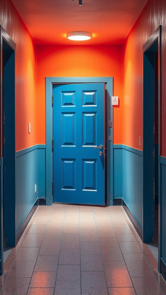 A brightly painted blue door in a hallway with orange walls, showcasing a vibrant interior design.