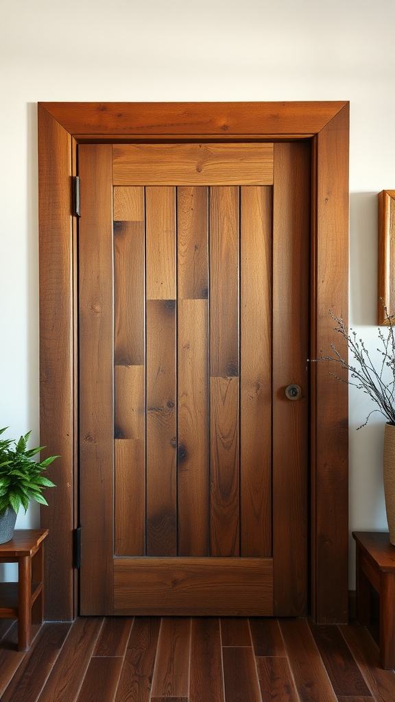 A reclaimed wood door with rich brown tones and distinct grain patterns.