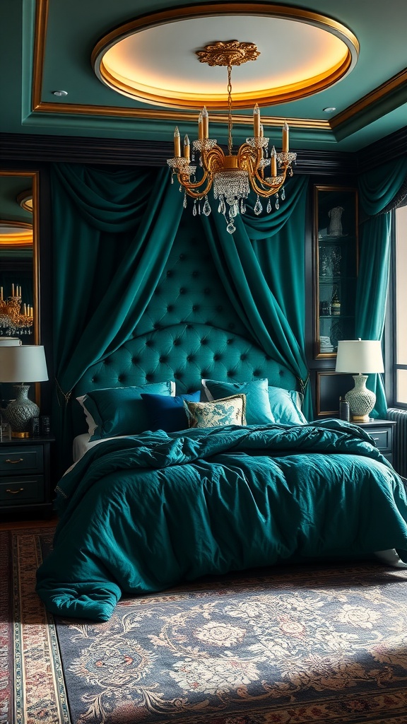 Luxurious bedroom with rich jewel tones, featuring a teal tufted headboard, soft bedding, and elegant chandelier.