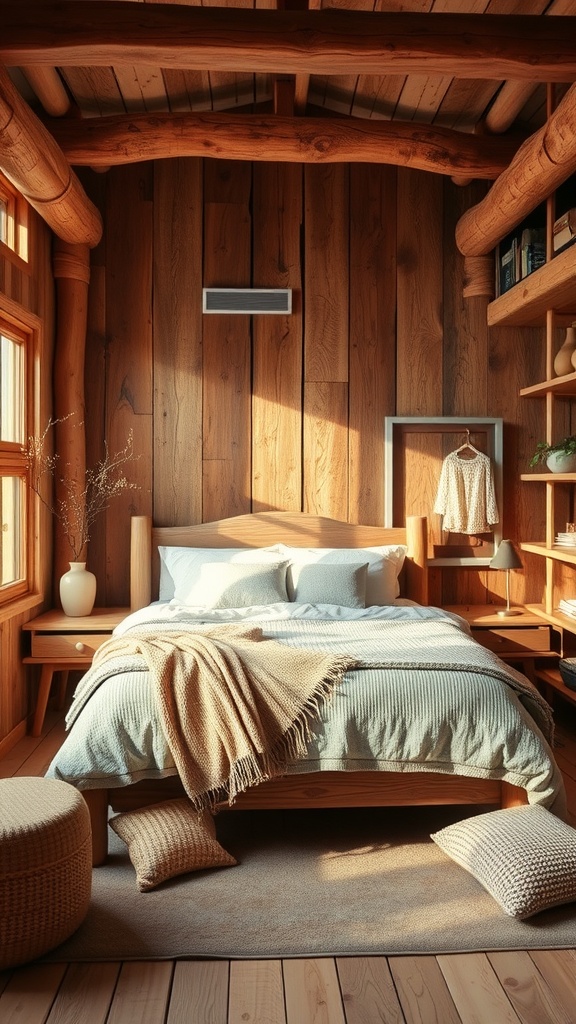 A cozy bedroom featuring rustic wood walls, a soft blue blanket over a bed, and comfortable textiles, creating a warm and inviting atmosphere.