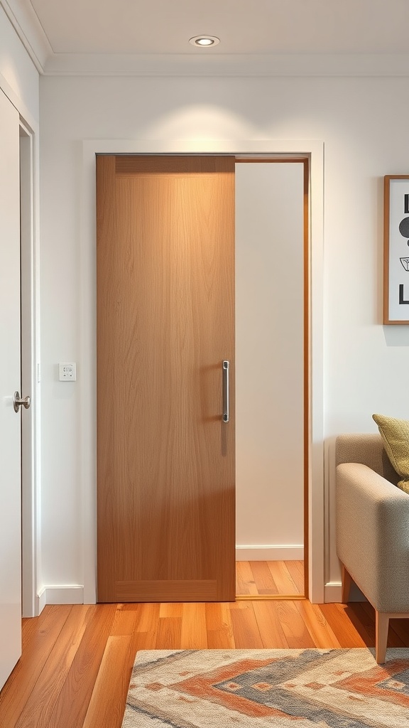 A sleek wooden sliding door in a modern interior setting