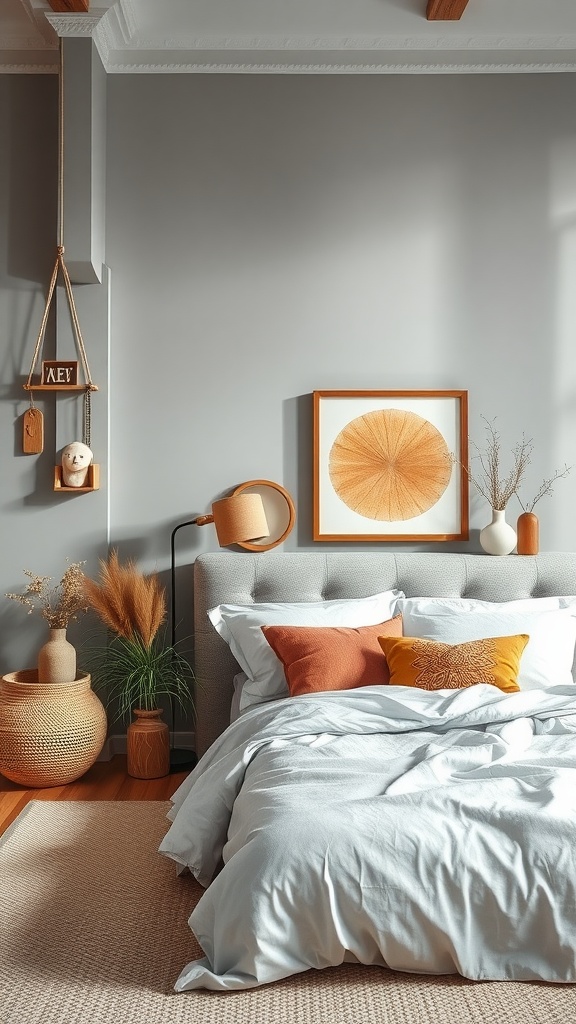 A cozy bedroom featuring soft gray walls, warm wood accents, and a light bedding with colorful pillows.
