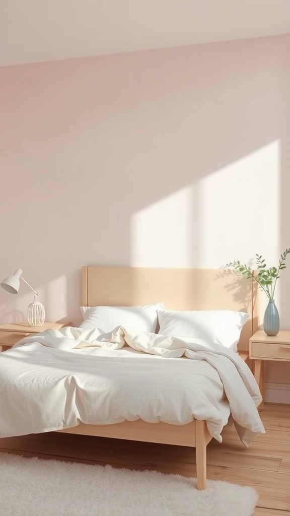Cozy bedroom with soft pastel colors and natural light, featuring a wooden bed and greenery.