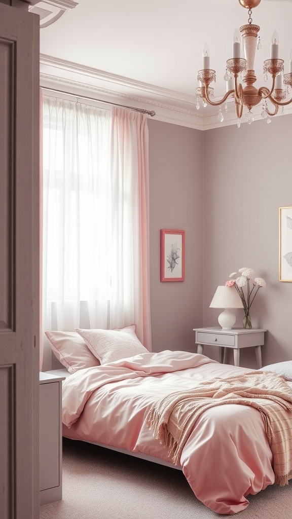 A cozy bedroom featuring soft pink and gray colors, with a chandelier and elegant decor.