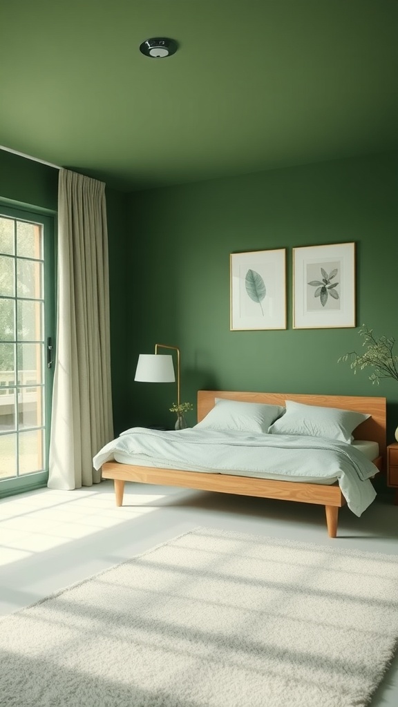 Cozy bedroom with subdued green walls, wooden furniture, and natural light.