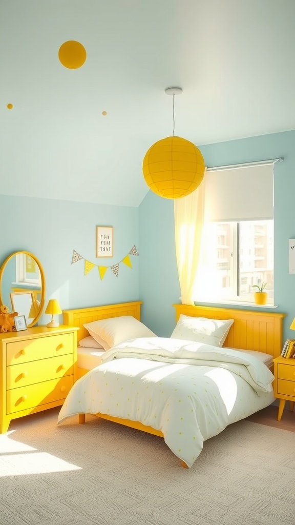 A bright bedroom featuring lemon yellow furniture and sky blue walls, creating a playful and cheerful atmosphere.