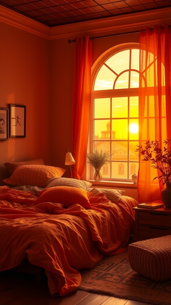 A cozy bedroom featuring sunset oranges and golds with a warm atmosphere.