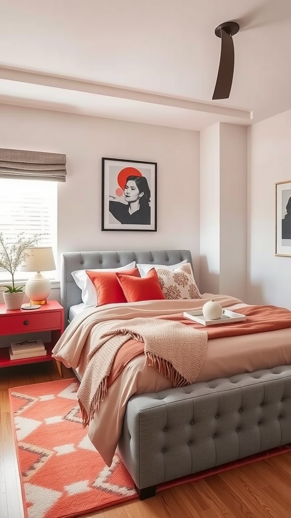 A cozy bedroom featuring a coral and gray color scheme with a tufted bed, coral accents, and geometric rug.