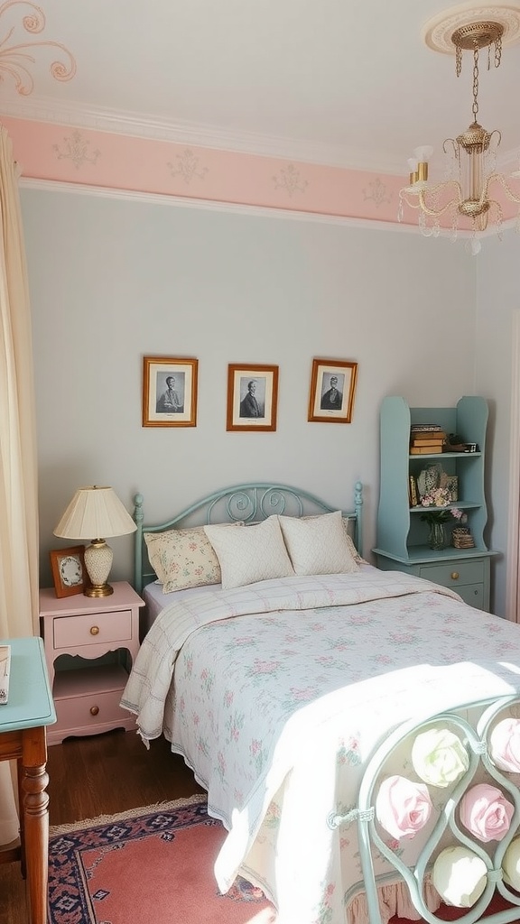 A cozy vintage-inspired bedroom with pastel colors, featuring a floral quilt, framed photos, and complementary furniture.