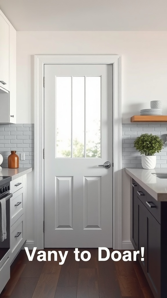 A modern vinyl door with glass panels in a stylish kitchen setting.