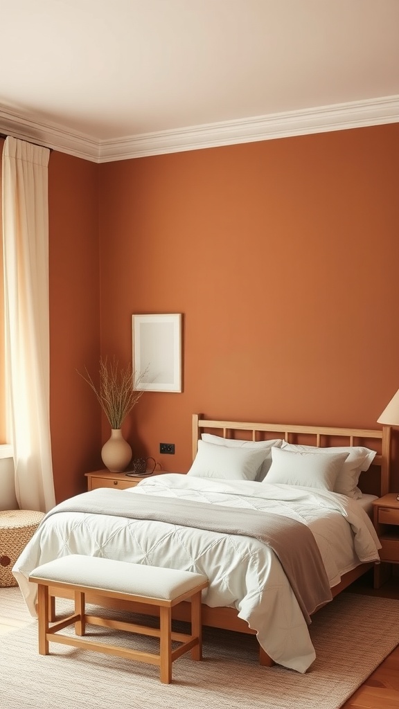 A cozy bedroom featuring warm terracotta walls and cream bedding.