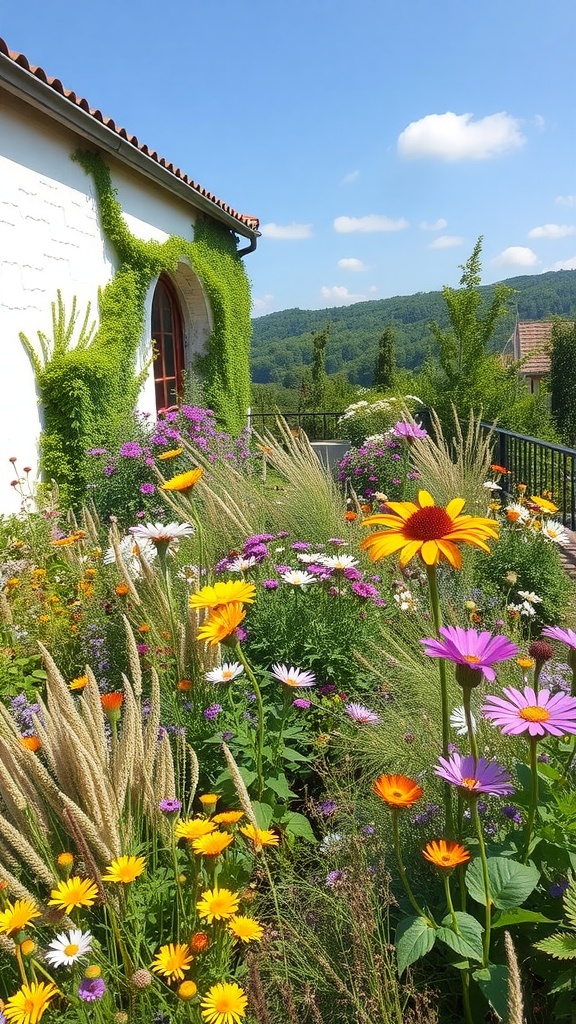 A colorful terrace garden filled with wildflowers and greenery