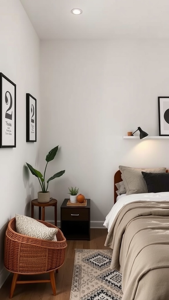 Cozy bedroom corner with a decorative chair and a plant, showcasing a small shared living space.