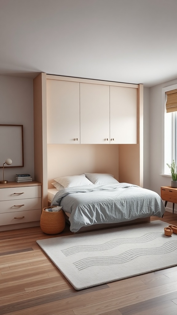 A small shared bedroom featuring a Murphy bed integrated into the cabinetry, with a cozy setup and minimalistic decor.