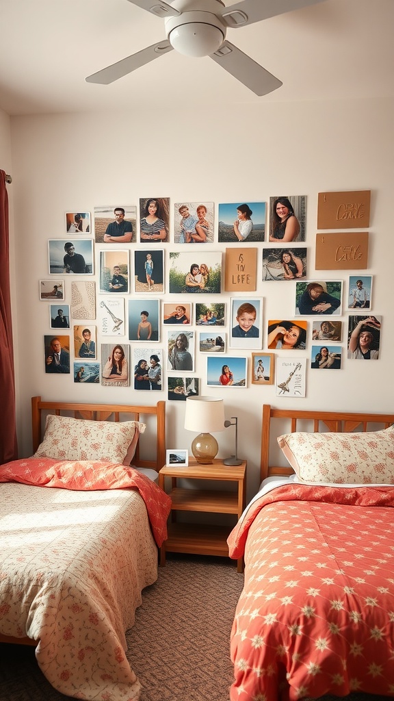 A cozy shared bedroom with two beds and a wall full of family photos.