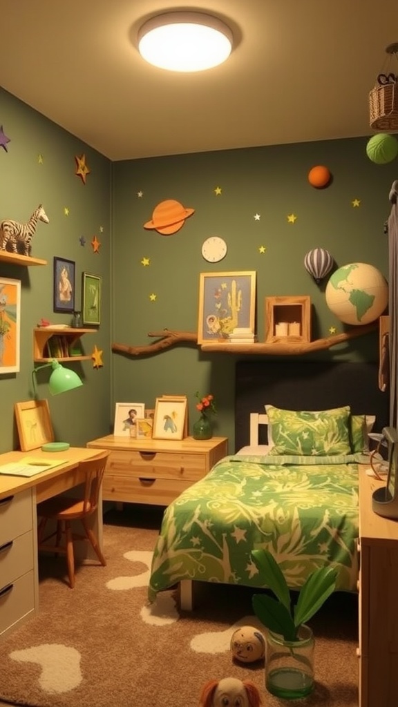 A fun themed bedroom with green walls, star and planet decorations, a cozy bed with floral bedding, and a small desk.